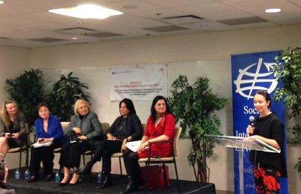 Cristina Manfre, Sr. Associate at Cultural Practice, LLC and Co-Chair of the SID-GID Workgroup addresses the panel (left to right): Alyse Nelson, Kathleen Hendrix, Ambassador Melanne Verveer, and Indira Lakshmanan (moderator).