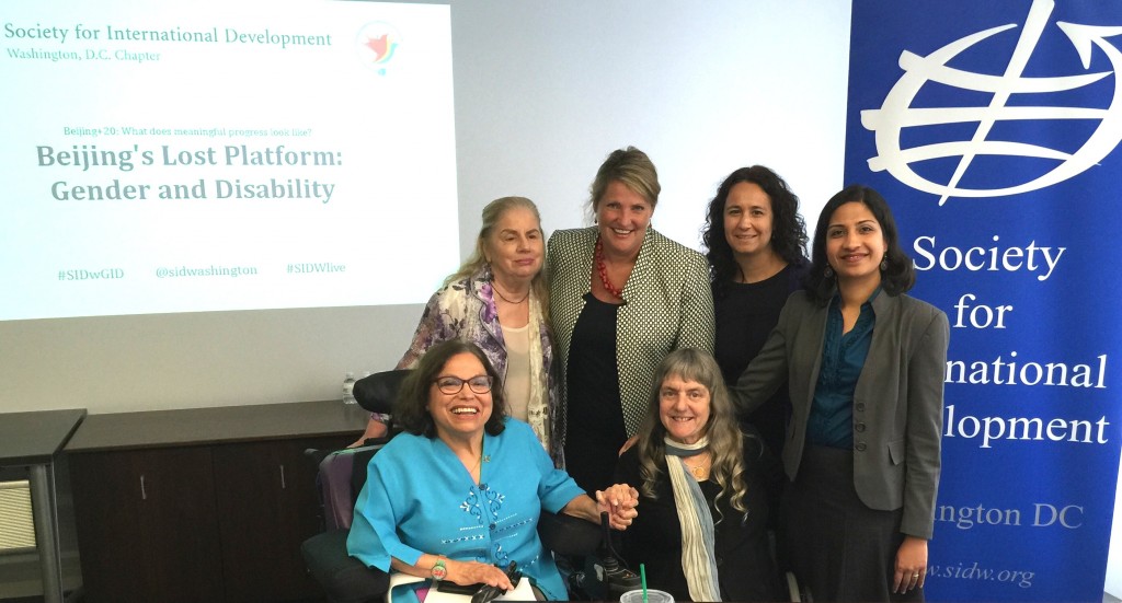 Beijing’s Lost Platform: Gender and Disability panelists Judy Heumann, Susan Sygall, Deepti Samant Raja and Stephanie Ortoleva pose with Society for International Development-Gender and Inclusive Development workgroup co-chairs Jennifer Collins-Foley and Cristina Manfre.